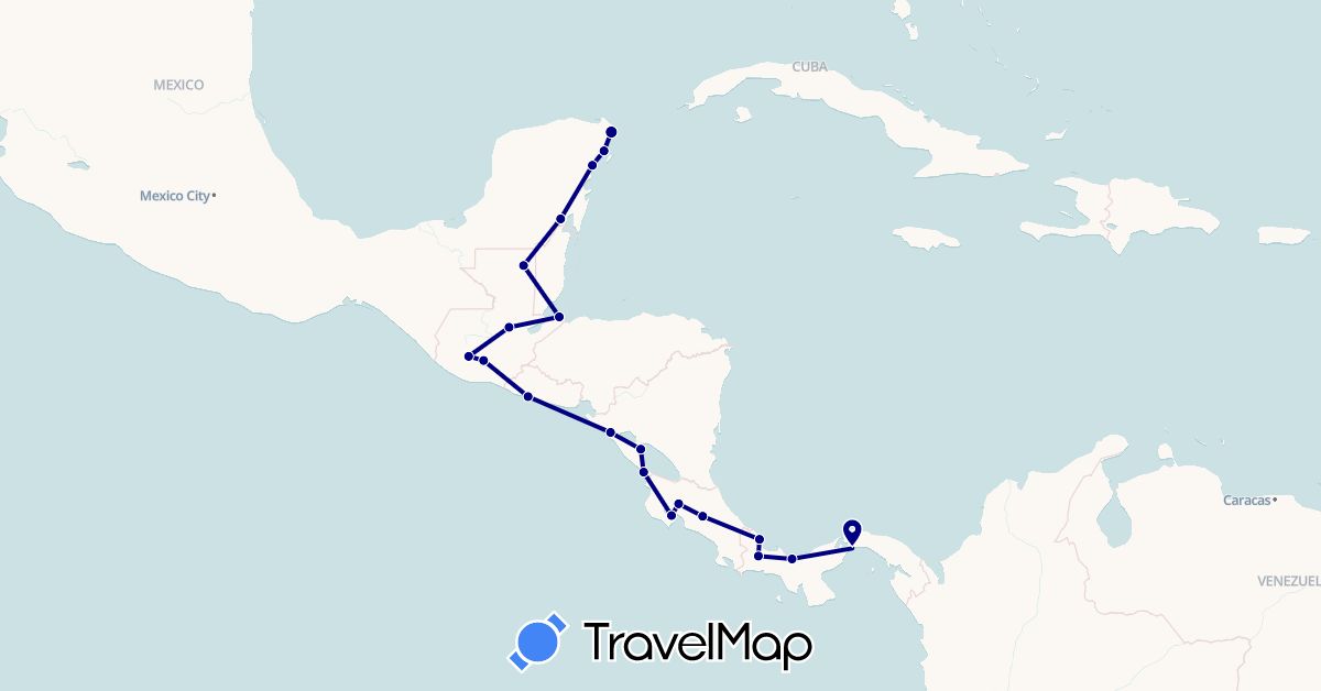 TravelMap itinerary: driving in Costa Rica, Guatemala, Mexico, Nicaragua, Panama, El Salvador (North America)